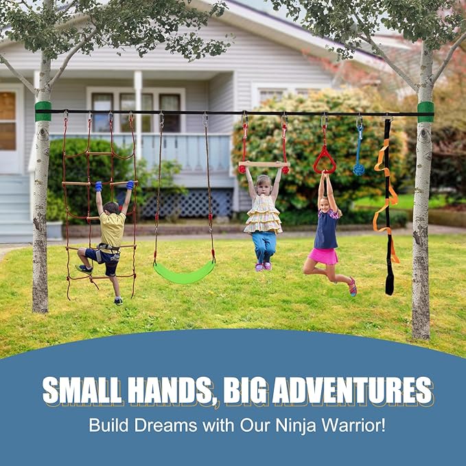 Slsy 60FT Ninja Warrior Obstacle Course for Kids, Complete 13-Obstacle Slackline Kit with Monkey Bar, Swing, Balance Belt, Climbing Ladder & Net, Durable Outdoor Playset Equipment