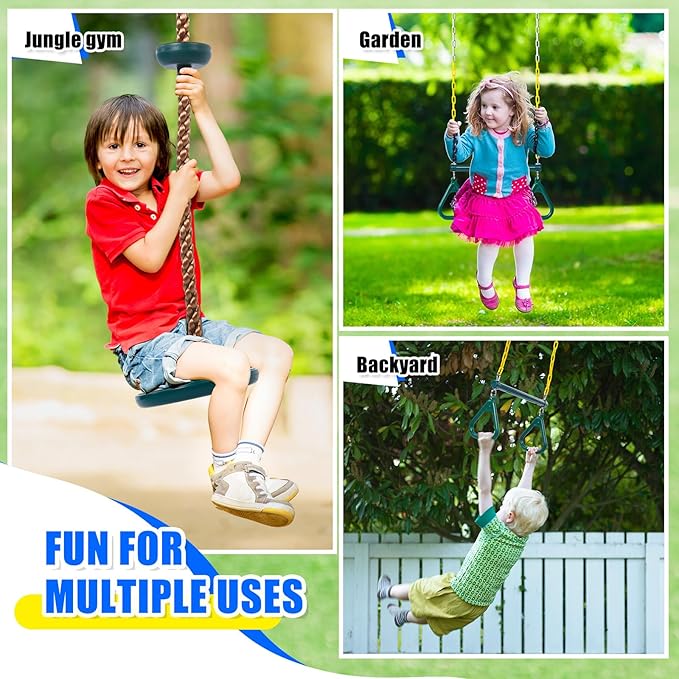 Hungdao 2 Set Gym Ring Trapeze Swing Bar and Climbing Rope with Platforms Disc Heavy Duty Coated Chains Seat Accessories for Outdoor Indoor Playground Backyard(Green)