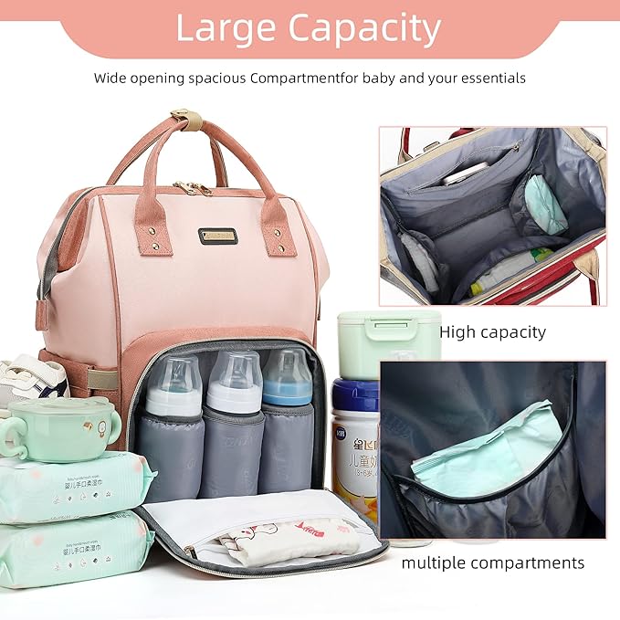 Diaper Bag Backpack, Diaper Bags for Baby Girls Boys, Baby Bags for Moms Dads, Nappy Changing Bag with Insulated Pockets,Multi-functional Waterproof Backpack with Stroller straps -Pink light pink