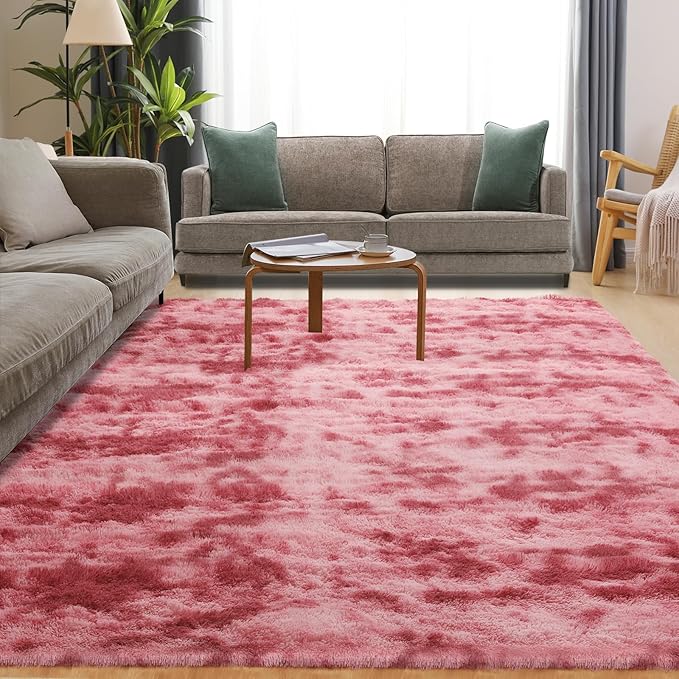 Luxury 4x6 Area Rug, Ultra Soft Rugs for Living Room, Plush Carpet Rugs for Bedroom, Non-Slip Indoor Rug for Nursery, Study Room, Playroom, Home Decor, Tie-Dyed Dark Pink