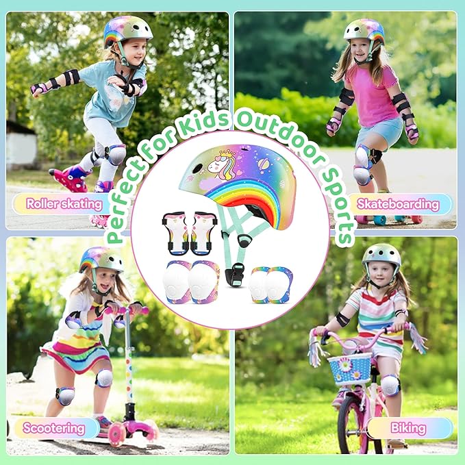 Vvinca Kids Toddlers Bike Helmet Adjustable for Ages 3-5-8 Years, Knee Pads and Elbow Pads Set Wrist Guard Sports Protective Gear Set for Roller Skate Bicycle Skateboard Scooter Girl Boy Birthday Gift