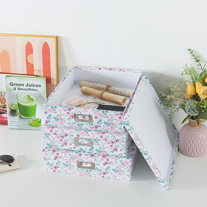Soul & Lane Floral Decorative Storage Boxes With Lids, Set of 3 Pretty Nesting Cardboard Letter Storage Boxes for Photos, Documents, Scrapbooks, Keepsakes, Memories