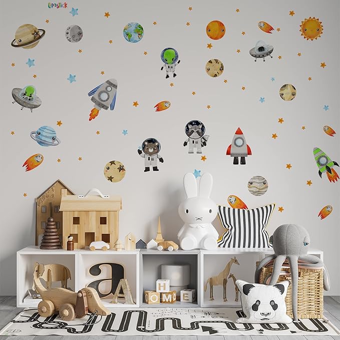 Solar System Wall Decals Astronaut Animals - Peel and Stick Outer Space Stickers with Planets and Stars for Kids Room, Boys or Girls Bedroom, Toddler Nursery, Playroom, Daycare Wall Decor -L Size