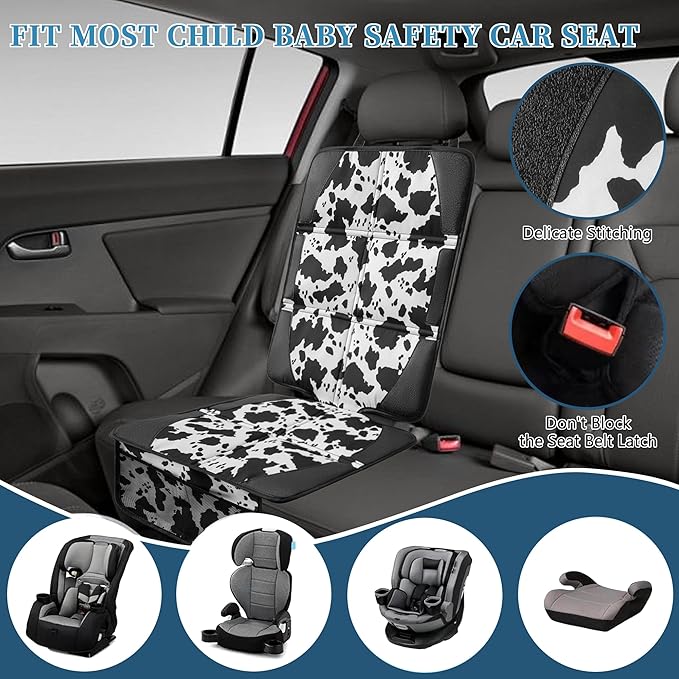 Car Seat Protector for Child Car Seat, 2 Pack Baby Car Seat Covers with Mesh Pockets & Non-Slip Backing 600D Durable Seat Protector Under Baby Car Seat for Car Back Seat (Cow Print, Large)