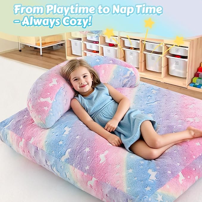 COMAX Bean Bag Chair for Kids, Convertible Toddler Beanbag Bed Unicorn, Children Bean Chair Stuffed to Floor Mattress with Filler, Growing Colorful Rainbow