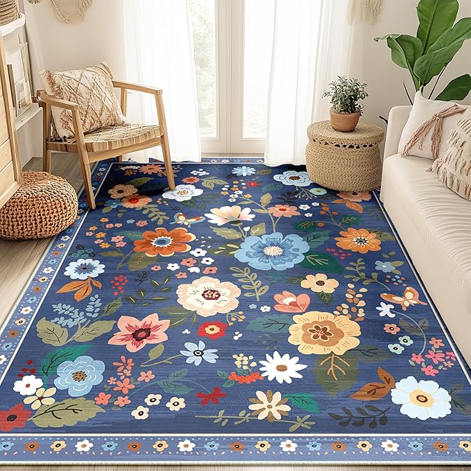 Floral 4x6 Area Rug Machine Washable Soft Print Boho Carpet Non Slip Doormat Low Pile Flower Area Rugs for Living Room Bedroom Nursery Kitchen Dining Room Indoor-Blue/Grey