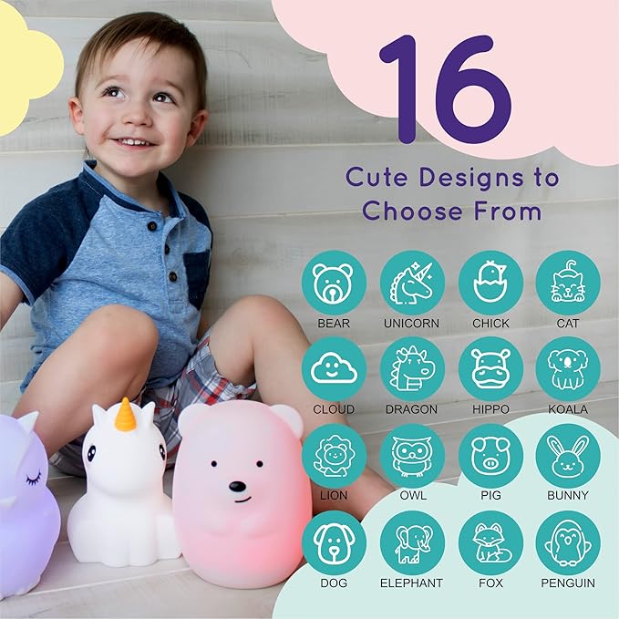 Lumipets Remote Control Silicone Night Light for Kids - Unicorn Design with 9 Soft Colors & Sleep Timer - Rechargeable, Battery-Operated Lamp for Bedroom | Baby Nursery, Toddler, Girls, Boys