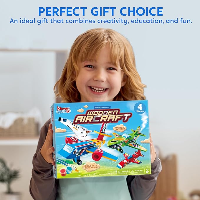 Klever Kits 4 DIY Wooden Aircrafts-Build & Paint Your Own Wooden Airplane Craft Kit, Art & Craft Kit DIY Projects, Easy to Assemble Birthday Gifts for Boys 6-12 Year Old