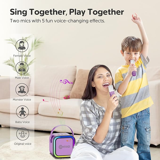 Contixo KS1A Kids Mini Karaoke Machine with LED Lights, 7–10H Playback, Dual Wireless Mics, Magic Voice Effects, Bluetooth Speaker for Children, Portable Singing Toy Gift for Boys & Girls, Purple