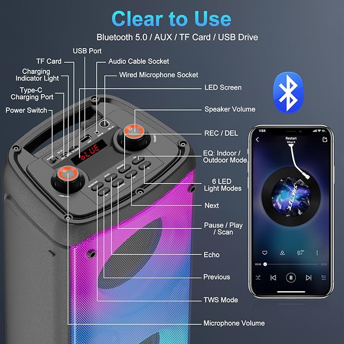 Portable Party Speaker, 80W Peak Wireless Bluetooth Speaker, PA System with LED Lights, Outdoor Bluetooth Speakers Supports for TF Card/USB, AUX in, FM, REC,TWS