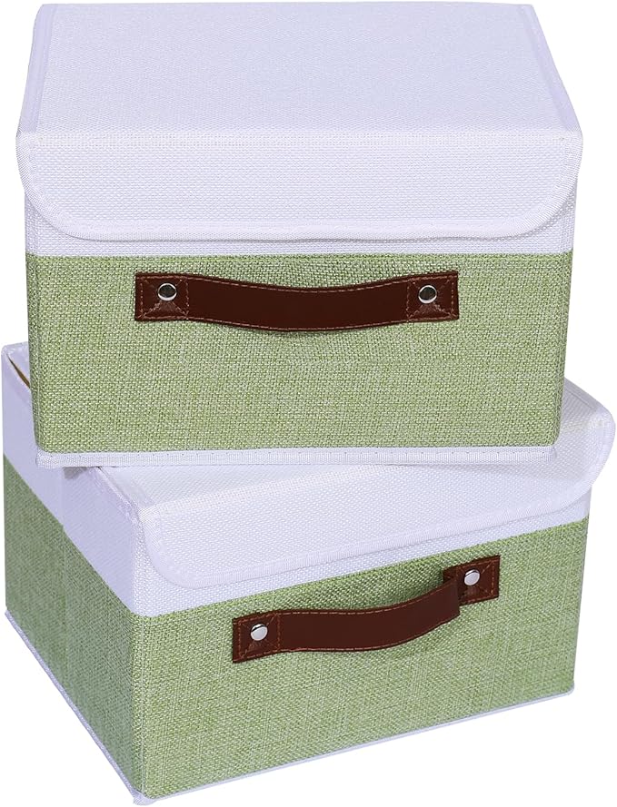 ANMINY 4PCS Storage Boxes with Lid Washable Decorative Storage Bins Basket with PU Leather Handle Foldable Linen Fabric Storage Cubes Containers for Home Closet Organizer - Green White, Small Size