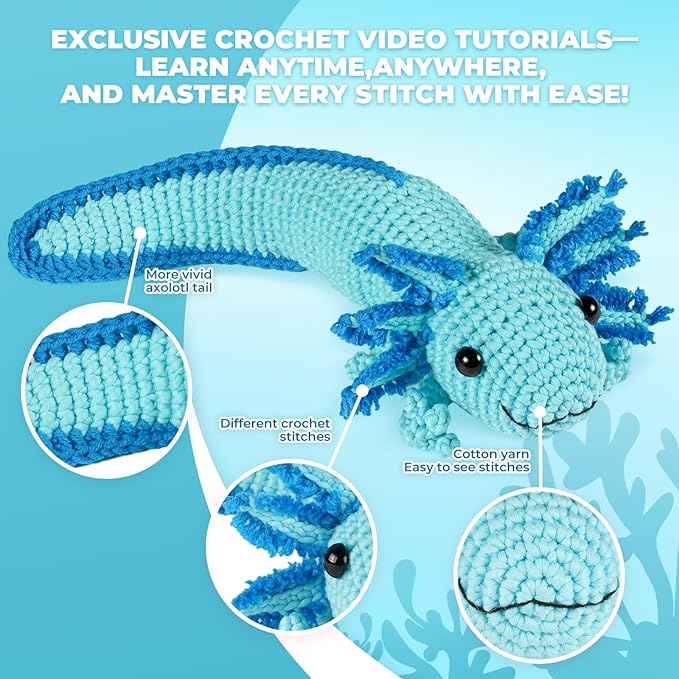 MOREJMTT Crochet Kit for Beginners, Crochet Animal Kits,Crocheting Kit for Starters, Learn to Crochet with Step-by-Step Video Tutorials, Beginner Crochet Kit for Adults(1 Pack Axolotl)
