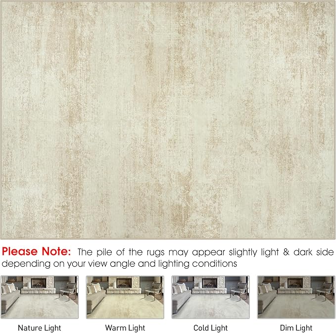 Washable Rug 6x9 Area Rugs, Abstract Large Living Room Rugs with Non-Slip Backing, Thin Carpet for Dorm Dining Room Table Nursery Indoor Home Office -Beige