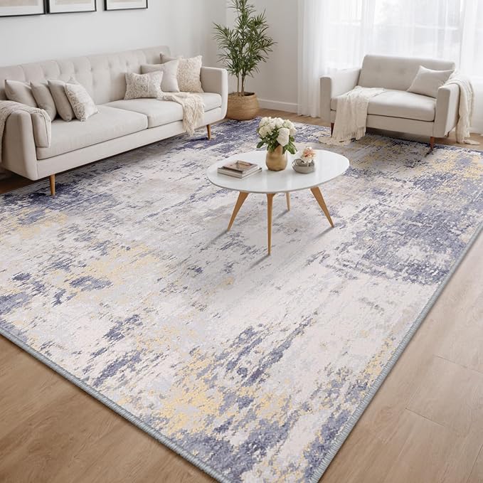 Washable Area Rugs 8'x10' Non-Slip Modern Abstract Soft for Living Room Entryway Bedroom Nursery, Print Pattern, Purple Grey Cream Yellow
