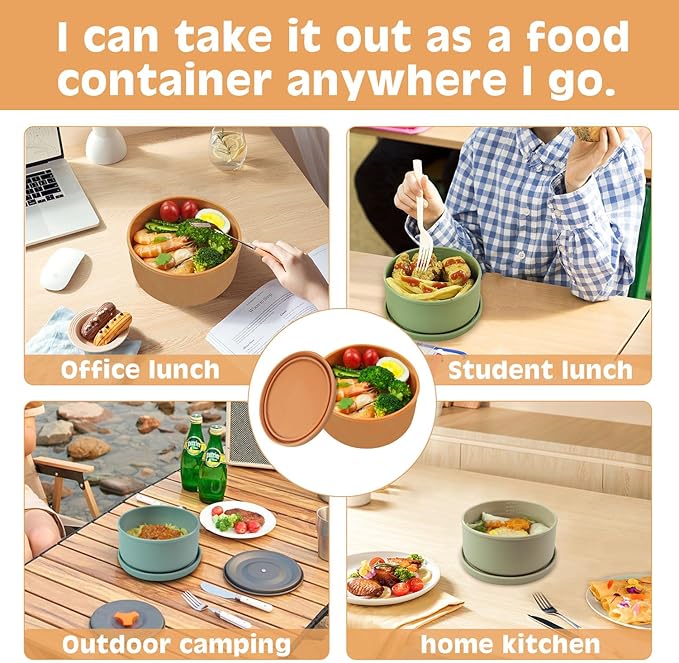XU&PEIQI 24oz Silicone Lunch Box, Round Small Salad Bowl with Lid, Airtight Food Container for Meal Prep, Leftovers, Soup & Stew Storage. Microwave, Fridge, Dishwasher Safe. BPA-Free.(Grass green)