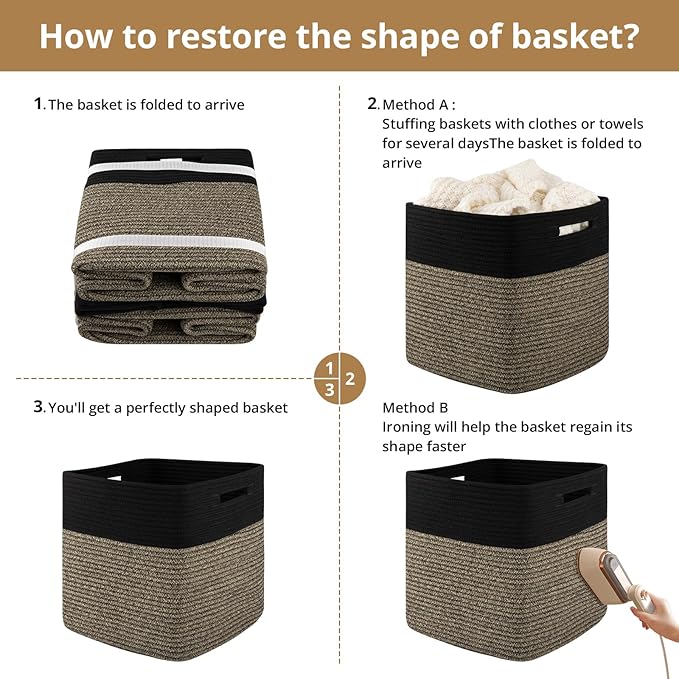 OIAHOMY 13 Kallax Inch Cube Storage Bins, 3-Pack Cotton Rope Woven Baskets for Organizing, Kallax Insert Storage Baskets for Shelves, Baby Nursery, Closet Organizer, 13*13*12.6IN, Black & Mixed Brown