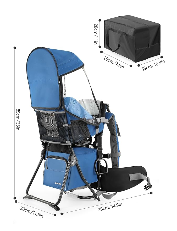 besrey Baby Backpack Carrier, Toddler Hiking Backpack with Safety 3-Height Seat, Adjustable Straps&Waist Belt, Foldable Frame Lightweight Large Capacity Child Carrier for Hiking (Klevin Blue)