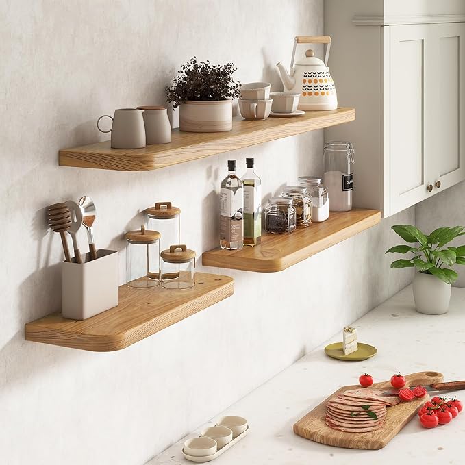 Rustic Elm Wood Floating Shelves for Wall Round Edge, 36"W x 9.2"D x 1.37"H, Set of 2 with Invisible Bracket, Wall Mounted Storage Shelves for Living Room Bedroom Kitchen Bathroom Decor, Natural