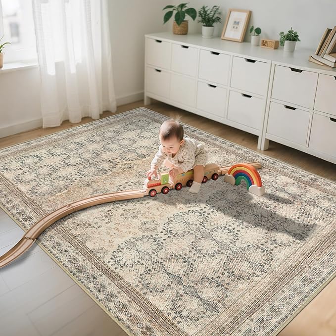 4x6 Area Rug for Bedroom Machine Washable, Non Slip Vintage Floral Kitchen Rugs for Dining Room, Rustic Indoor Floor Carpet for Nursery, Farmhouse, Office Classroom Beige/Pink/Orange