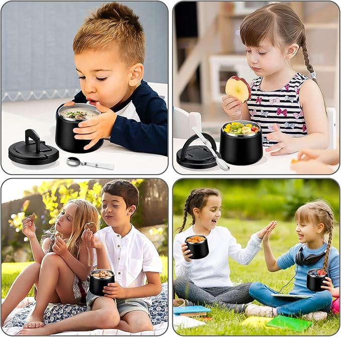 14oz Insulated Vacuum Food Jar with Buckle Lid,Soup Thermo for Hot Food Kids,Wide Mouth Leakproof Stainless Steel Lunch Container with Spoon-Black