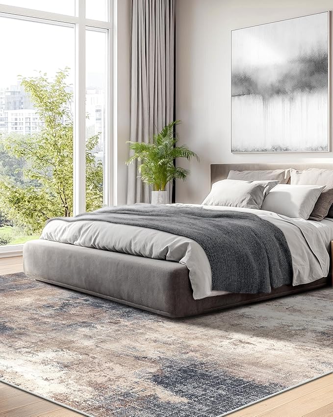 Amada 8x10 Area Rug, Modern Abstract Living Room Rug with Non-Slip Backing & Short Pile, Large Washable Rug with Abstract Pattern for Living Room, Bedroom and Dinning Room, Brown