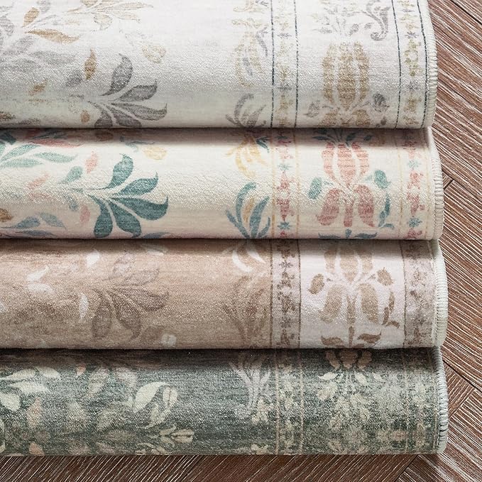 jinchan Vintage Floral Runner Rug 2x5 - Machine Washable Distressed Design Non-Slip Low-Pile Soft Thin Carpet for Hallway Kitchen Farmhouse Bedroom Entryway Laundry Room (2x5ft,Apricot Multi)