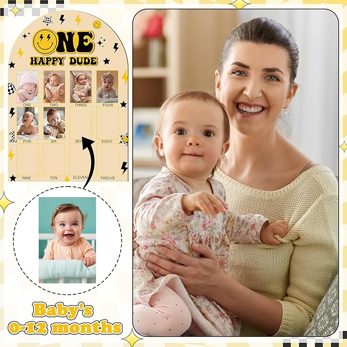 R HORSE My First Year Photo Frame Board, 3D One Happy Dude Birthday Decoration Display Wood Board, Baby Boy First Year Picture Frame 12 Months Milestone 1st Birthday Nursery Decor Gift