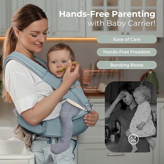 FRUITEAM 6-in-1 Baby Carrier with Waist Stool/Hip Seat for Breastfeeding, One Size Fits All - Adapt to Newborn, Infant & Toddler (Blue)