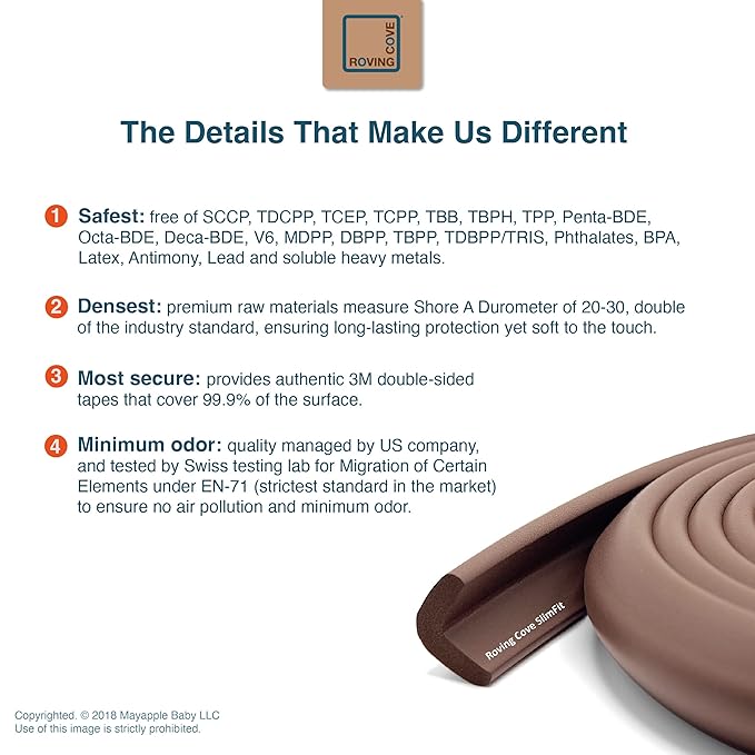 Roving Cove Slim-Fit Edge Protector for Baby Proofing (9ft Small Edge Only), Soft Rubber Foam, Furniture Edge Bumper Guard, Desk Edge Cushion, 3M Adhesive, Coffee Brown