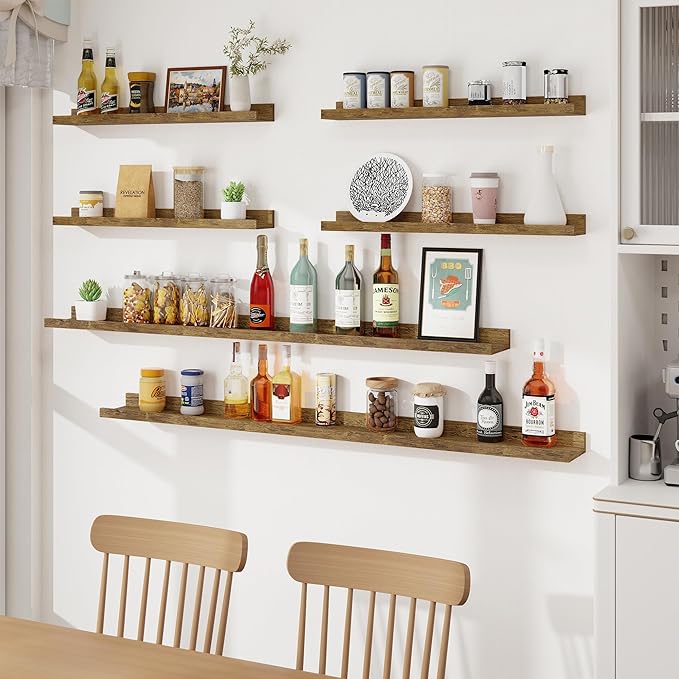 Axeman Picture Ledge Shelf, Floating Shelves for Wall Storage Set of 6, 16 inch Floating Wall Mounted Shelves, Wall Shelves with Lip for Living Room, Bedroom, Nursery, Bathroom, Kitchen, Rustic Brown