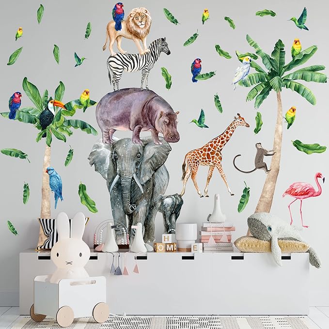 Safari Animal Wall Decals for Kids by Lipastick-Peel and Stick Jungle Stickers Giraffe, Elephant, Hippo, Palm Tree, Parrot for Toddlers Room, Nursery, Playroom, Classroom, Daycare Decor Art- XXL