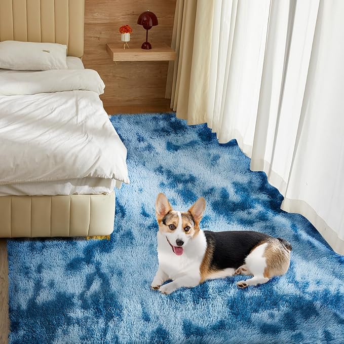 Ultra Soft Rug for Living Room, 8X10 Fluffy Shag Area Rug for Bedroom, Modern Shaggy Carpet Fuzzy Rug for Teens Dorm Nursery Home Decor Aesthetic, Upgrade Anti-Skid Durable, Tie-Dyed Blue Grey