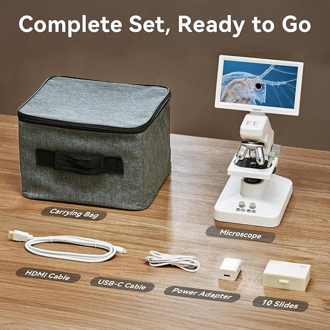 TOMLOV DM301 Pro Microscope for Kids Adults Students, Digital Microscope with 7" Screen, USB & HDMI Output, Wireless Biological Educational Science Scope Camera with Slides Kits for Classroom Home Lab