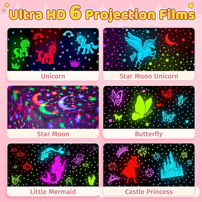 Onefire Girl Gifts, 6 Films Light Projector Unicorn Toys for Girls Age 4-6,Rechargeable Night Lights for Bedroom,360° Rotating Butterfly Lamp for Room Decor,Mermaid Princess Toddler Toys Toddler Gifts
