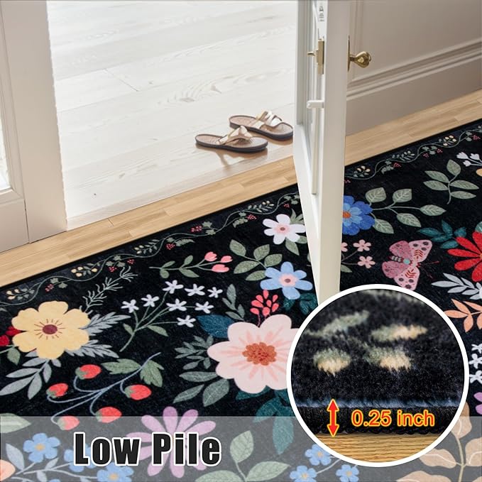 Runner Rug for Entryway: 2x10 Kitchen Rugs Non Slip Washable Ultra-Thin Soft Floral Carpet Indoor Floor Stain Resistant Carpets for Hallway Bedroom Kitchen Laundry Bathroom Dorm Black