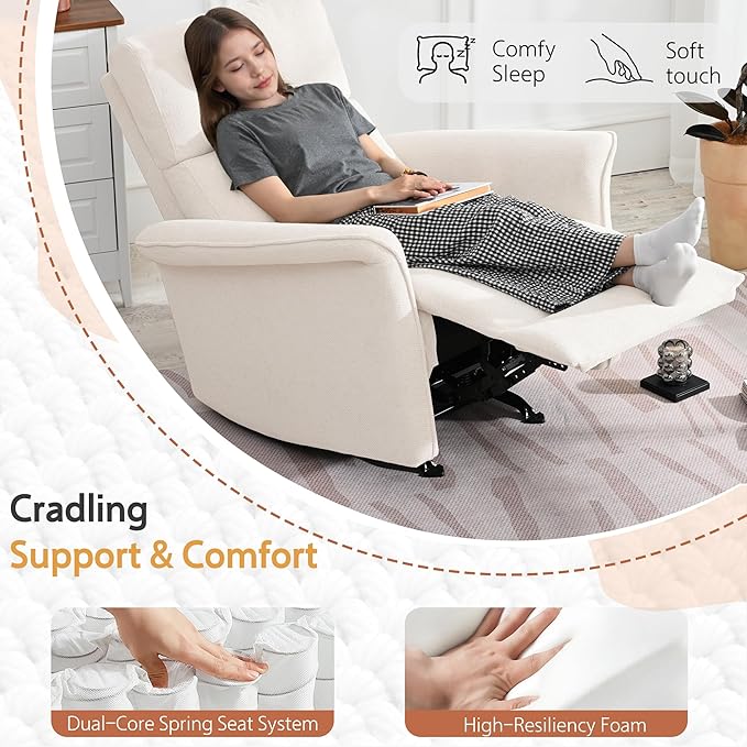 Manual Rocker Recliner Chair with Glider Motion for Nursery, 160° Recline & Wide Armrests - Overstuffed Snowflake Fleece Nursery Chair for Small Spaces, Living Room, Bedroom