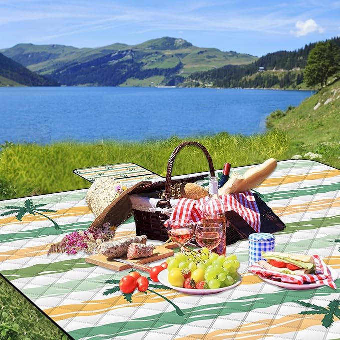 Extra Large Picnic Blanket Waterproof,80"x 80"Foldable Machine Washable Beach Blanket,Outdoor Blanket for 6-8 Adults,Suitable for Indoor Crawling,Park Beach,Camping,Hiking,Family Travel(Yellow)