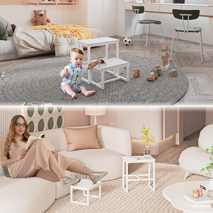 Step Stool for Adults & Kids,Holds up to 500Lb,3 in1 Heavy Duty Sturdy 2 tair Wooden StepStool for Kichen/Bathroom/High beds, Metal Frame, Non-Slip Pads