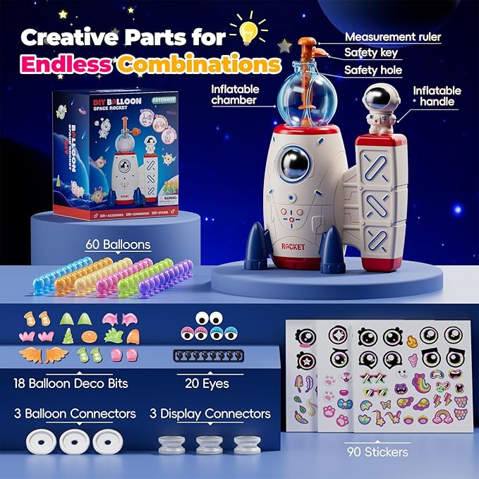DIY Space Magic Balloon Craft Kit, Sticker Decorated Balloons Toy for Kids, Rocket Air Pump Fun with Balloon Monster Pals, DIY Creative Activity, Birthday Gifts for Girls Boys Ages 3+