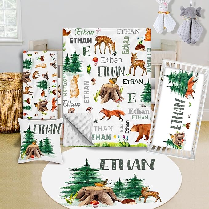 Custom Crib Bedding Set - Woodland Animals Design Personalized Name Baby Nursery Bed 3 Pcs Set - Chic Soft Blanket with Dotted Backing, Sheet, Pillowcase for Newborn Girls Boys Gifts Color13