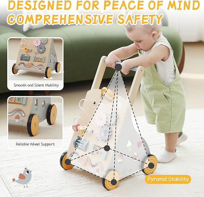 Wooden Baby Walker and Push Toy - Adjustable Height, Montessori Learning Activity Center for Boys and Girls, Toddler Push Walker and Development Toy for Kids 1-3 Years