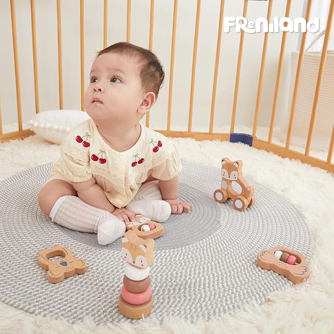Freniland Wooden Montessori Toys, 5-Piece Wooden Baby Toys, Koala Wooden Baby Rattle, Fox Stacking Ring Baby Toys, Little Fox Wooden Baby Push and Pull Toys,Newborn Baby Gift Sets for Boys and Girls