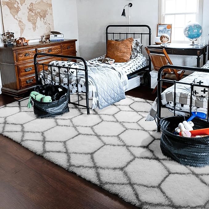 ONASAR Area Rugs for Living Room, Washable 5x8 Fluffy White and Grey Rug for Bedroom, Geometric Moroccan Indoor Shaggy Boho Soft Plush Floor Carpet for Kids Teen Nursery Dorm Home Decor Aesthetic
