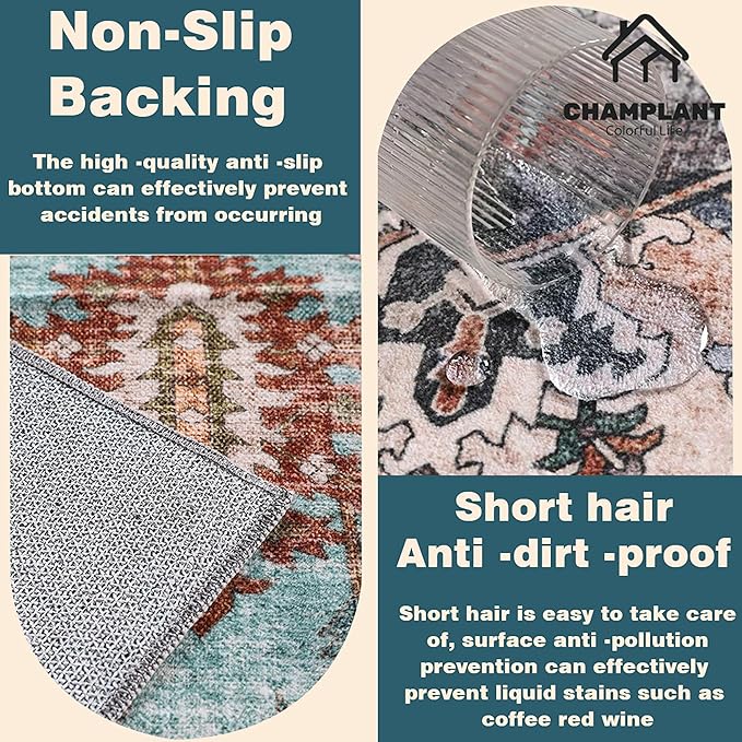 Area Rug 5'x7' Cyan Khaki Washable Vintage Traditional Floor Cover Thin Retro Kitchen Indoor Distressed Non Slip Carpet for Living Room Bedroom Dining Room