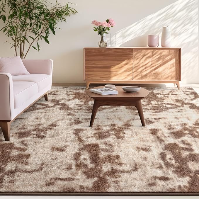 Kimicole 7x10 Washable Area Rugs for Living Room Bedroom, Large Low Pile Ulta-Thin Solid Color Rug, Non-Slip Soft Fluffy Carpet for Nursery Kids Room Dorm Room Home Decor (Brown)