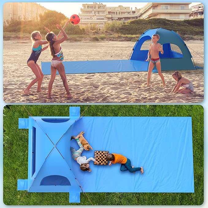 Beach Tent Sun Shelter with Extended Sand Mat 114×82inch,UPF 50+ Protection, 3 Double-Layer Windows for Enhanced Privacy; Portable Beach Shade, 3-4 People. Windproof and Waterproof