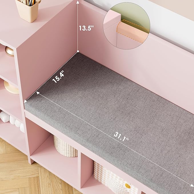 HOSTACK 67" Kids Reading Nook with Bench, Kids Bookshelf and Bookcase with Seat Cushion and 6 Storage Cubbies, Toy Storage Box on Wheels, Toy Chest for Playroom, Bedroom, School, Pink