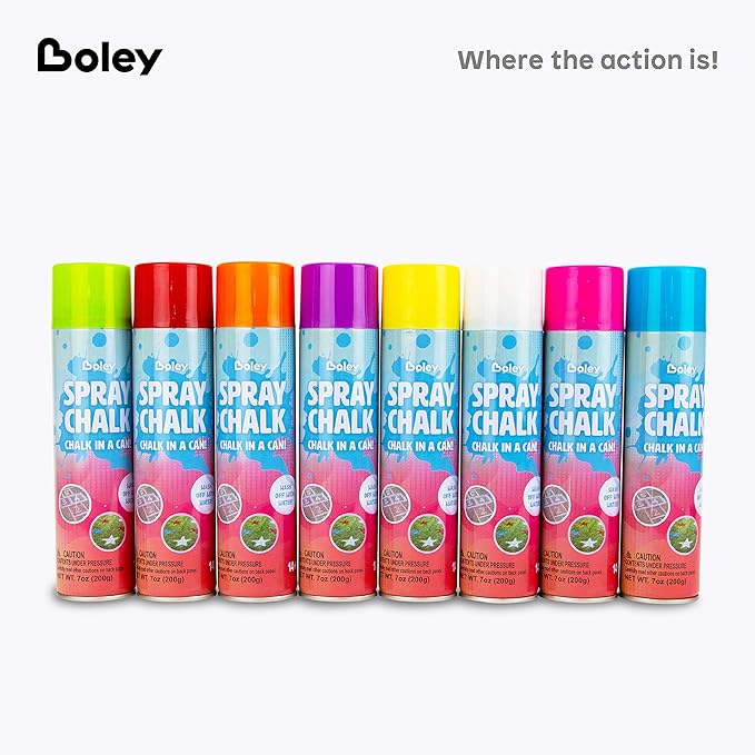 Boley Spray Chalk - 8 Pack Washable Sidewalk Chalk Spray Paint, 7 oz Each, Safe & Non-Toxic, Vibrant Colors for Outdoor Fun, Chalk for Asphalt, Grass, Snow, Sand, Concrete - Ages 14+