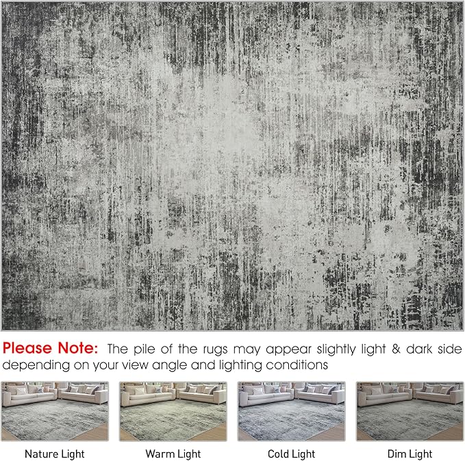 Washable Rug 6x9 Area Rugs, Abstract Washable Rugs with Non-Slip Backing, Stain Resistant Indoor Floor Carpet for Bedroom Dining Room Table Nursery Hallway Home Office-Black/Gray