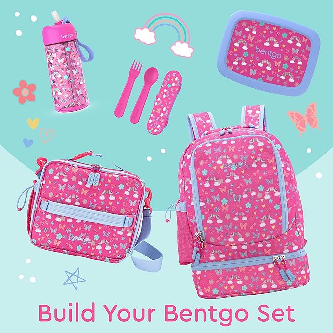 Bentgo Kids 2-in-1 Backpack & Insulated Lunch Bag - Durable 16” Backpack & Lunch Container in Unique Prints for School & Travel - Water Resistant, Padded & Large Compartments (Rainbows & Butterflies)